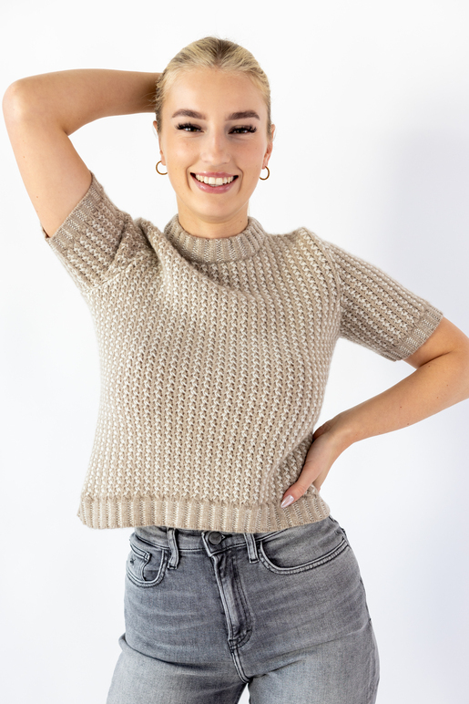 Kaschmir Kurzarmpullover Modell Ada, beige/kombiniert, L Kaschmir Kurzarmpullover Modell Ada, beige/kombiniert, L