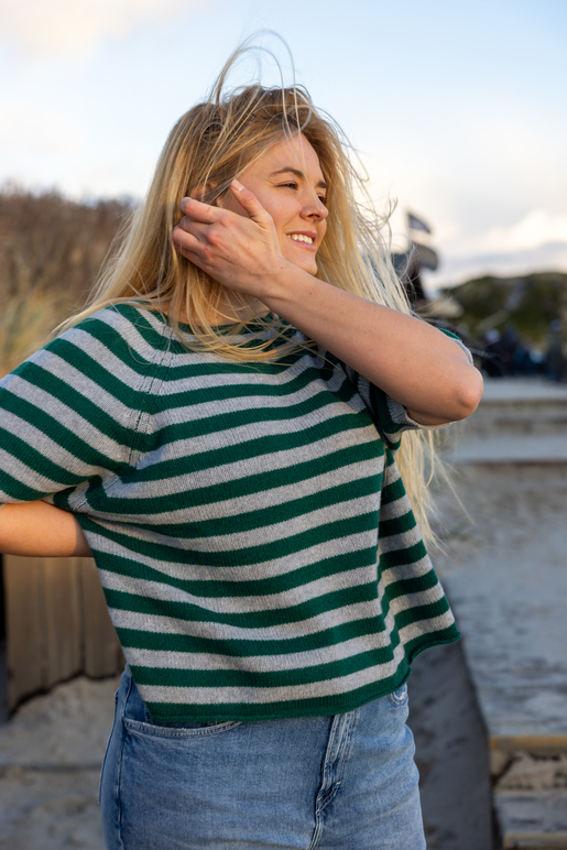 Kaschmir Halbarmpulli Modell Dana, light grey/dark green, XL Kaschmir Halbarmpulli Modell Dana, light grey/dark green, XL